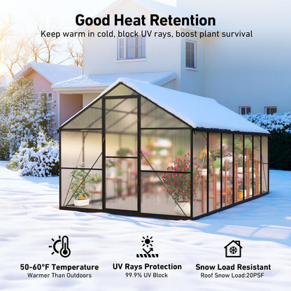 12x12 FT T-Shape Greenhouses, Polycarbonate Green House with UV Protection, Heavy Duty Greenhouse with Windproof Aluminum Frame, Roof Vent & Quick-Install Design for Backyard or Garden Use