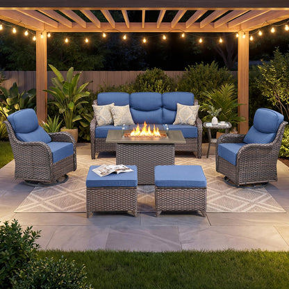 Luxury Patio Furniture Set with 6-inch Thick Cushion, Outdoor Furniture with Fire Pit Table, Swivel Chairs, Sofa, Side Table, Ottomans, 9pcs Wicker Conversation Set(Brown Wicker | Grey Cushion)