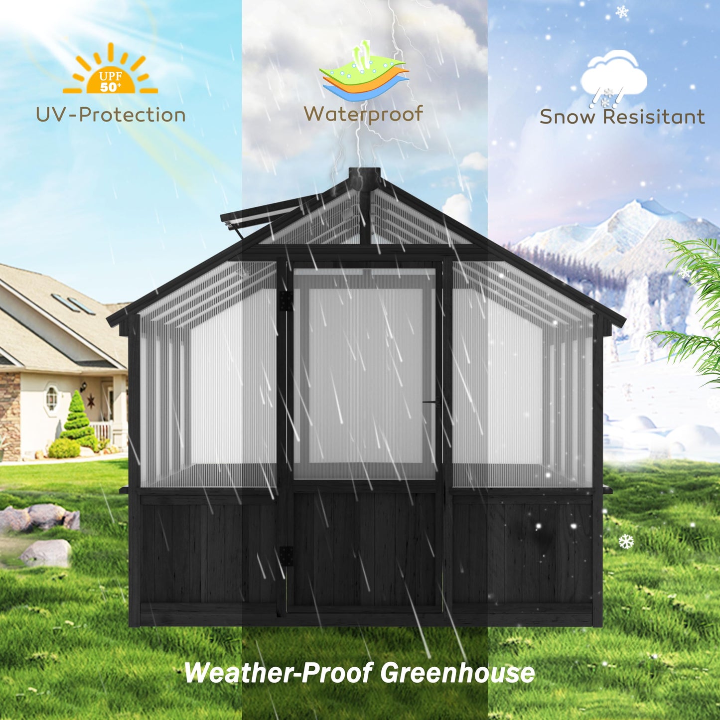 Yardenaler 8x16 FT Greenhouse for Outdoor, 6MM Thick Polycarbonate Panel Wooden Walk-in Green House with Adjustable Roof Vents and Lockable Door, Backyard Garden, Light Mocha Brown