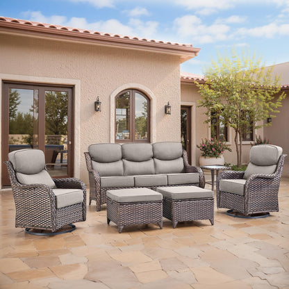 Luxury Patio Furniture Set with 6-inch Thick Cushion, Outdoor Furniture with Fire Pit Table, Swivel Chairs, Sofa, Side Table, Ottomans, 9pcs Wicker Conversation Set(Brown Wicker | Grey Cushion)