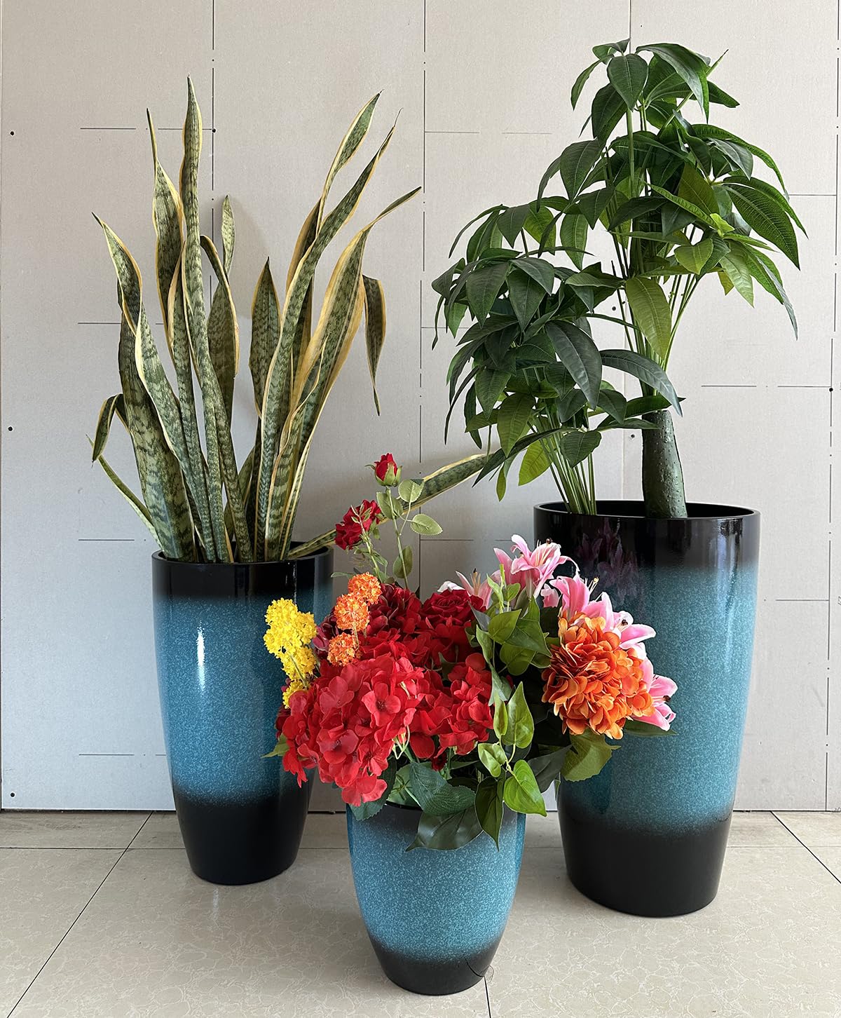 24,21,11 Inch Large Plastic Planters with Drainage Hole and Saucer - Set of 3 Tall Plant Pots Indoor Flower Pot Tall Round Planters Outdoor Large Tall Planter