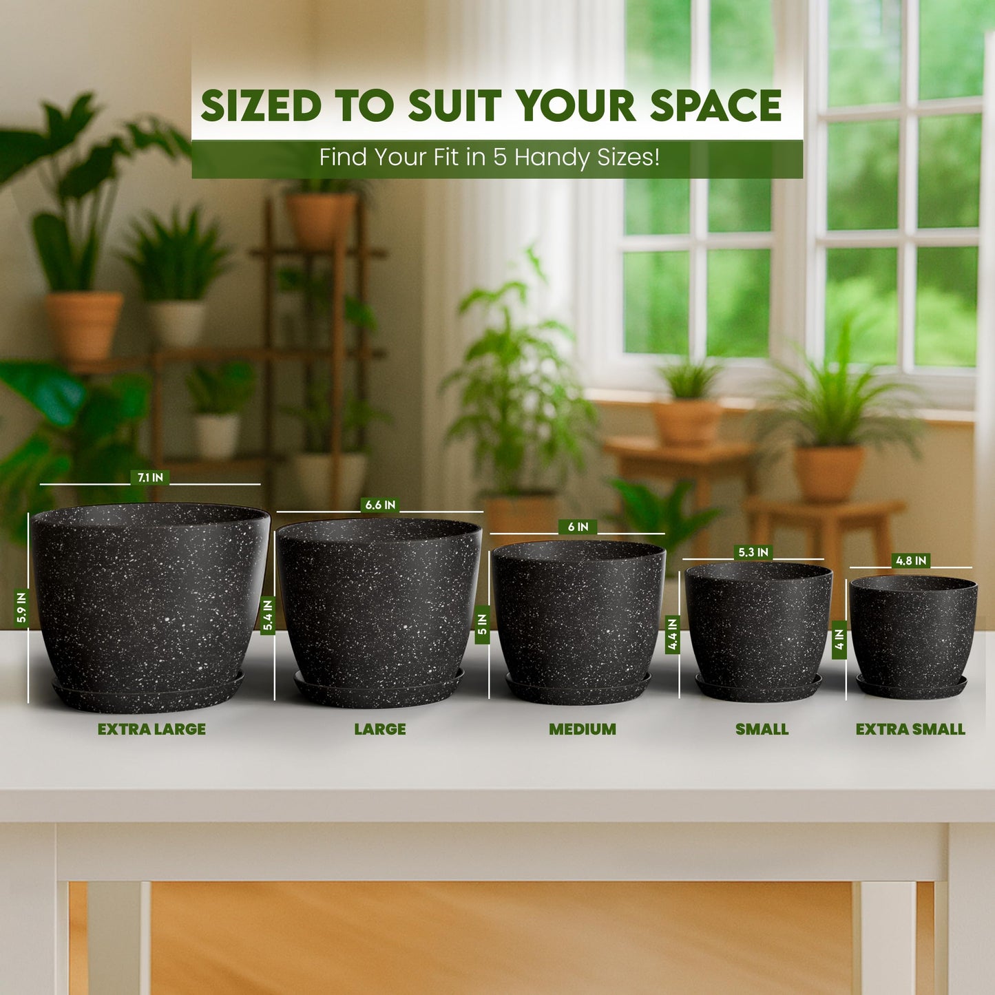 Utopia Home Plant Pots Indoor with Drainage Holes – Set of 5 White Plastic Flower Pots (7/6.6/6/5.3/4.8 Inch) – Modern Planters for Indoor Plants, Room & Office Décor, Great Stocking Stuffers
