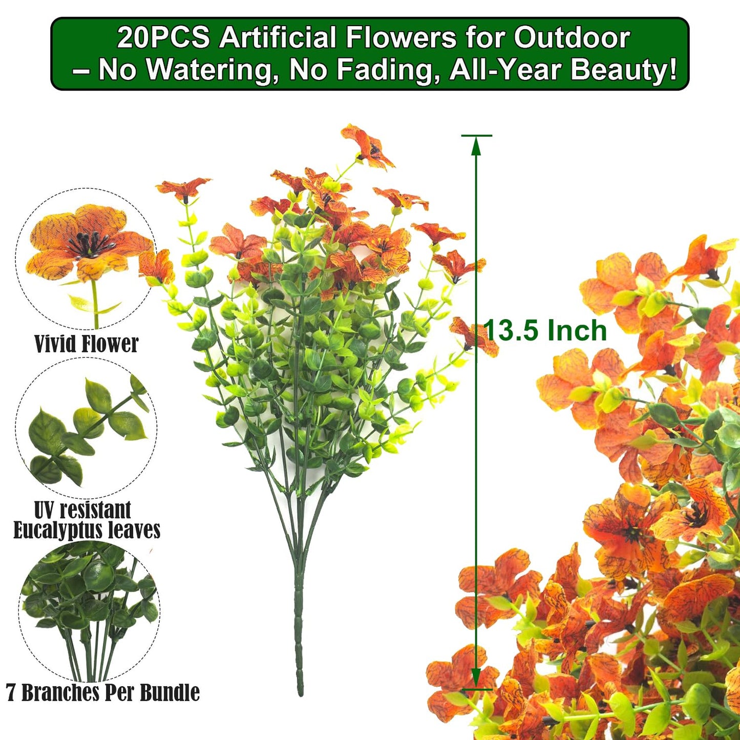 Grunyia 20 Bundles Artificial Flowers for Outdoors, UV Resistant Fake Plants Flowers Greenery Shrubs Plants for Decoration Outside Plants Hanging Planter Home Garden Decor