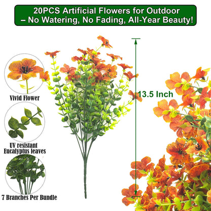Grunyia 20 Bundles Artificial Flowers for Outdoors, UV Resistant Fake Plants Flowers Greenery Shrubs Plants for Decoration Outside Plants Hanging Planter Home Garden Decor