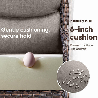 Luxury Patio Furniture Set with 6-inch Thick Cushion, Outdoor Furniture with Fire Pit Table, Swivel Chairs, Sofa, Side Table, Ottomans, 9pcs Wicker Conversation Set(Brown Wicker | Grey Cushion)