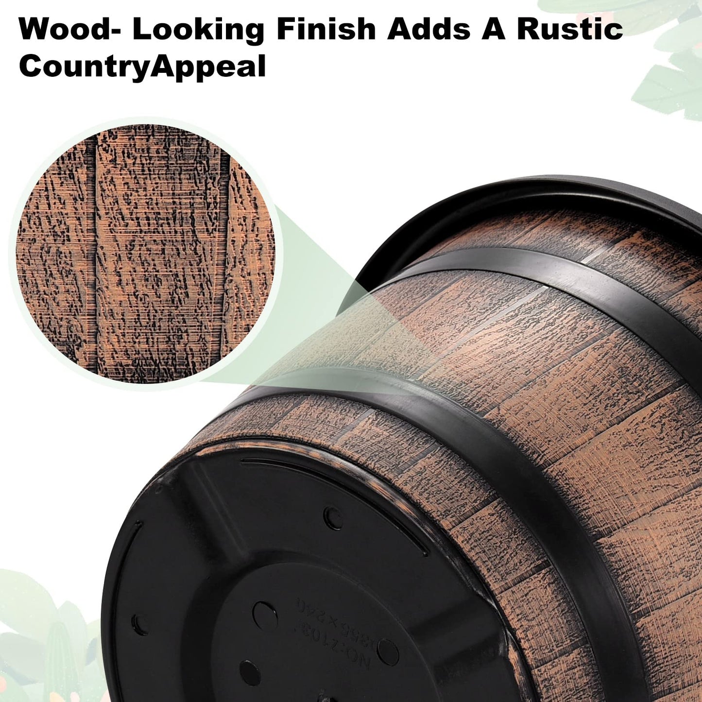Quarut Plant Pots Set of 4 Pack 12 inch,Large Whiskey Barrel Planters with Drainage Holes & Saucer.Plastic Flower Pots Imitation Wine Barrel Design, for Indoor & Outdoor Garden Home Plants (Brown)