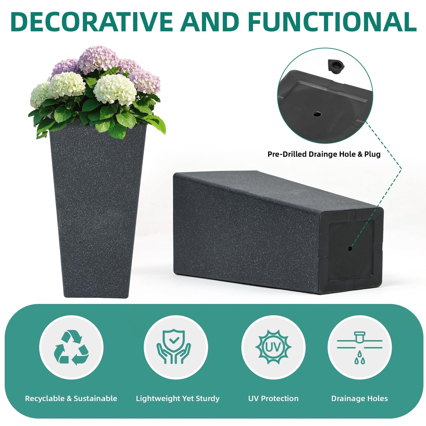 Autodaya 22" Urn Planters Outdoor Planter for Plants Set of 2 Timeless Plastic Large Flower Pot with Drainage Hole Terrazzo White Garden Pots for Porch, Patio Christmas Decor