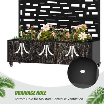 72" H Metal Raised Garden Bed with Trellis and Wheels, Privacy Screen Outdoor Planter Box with Decor Leaf Pattern, Large Mobile Vertical Planter for Patio, Balcony & Backyard