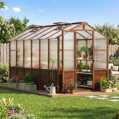 Jocoevol 6x12FT Greenhouse for Outdoors, Wooden Frame Polycarbonate Green House w/ Adjustable Roof Vent and Lockable Door Handle, Walk-in Greenhouses for Outside Garden Backyard