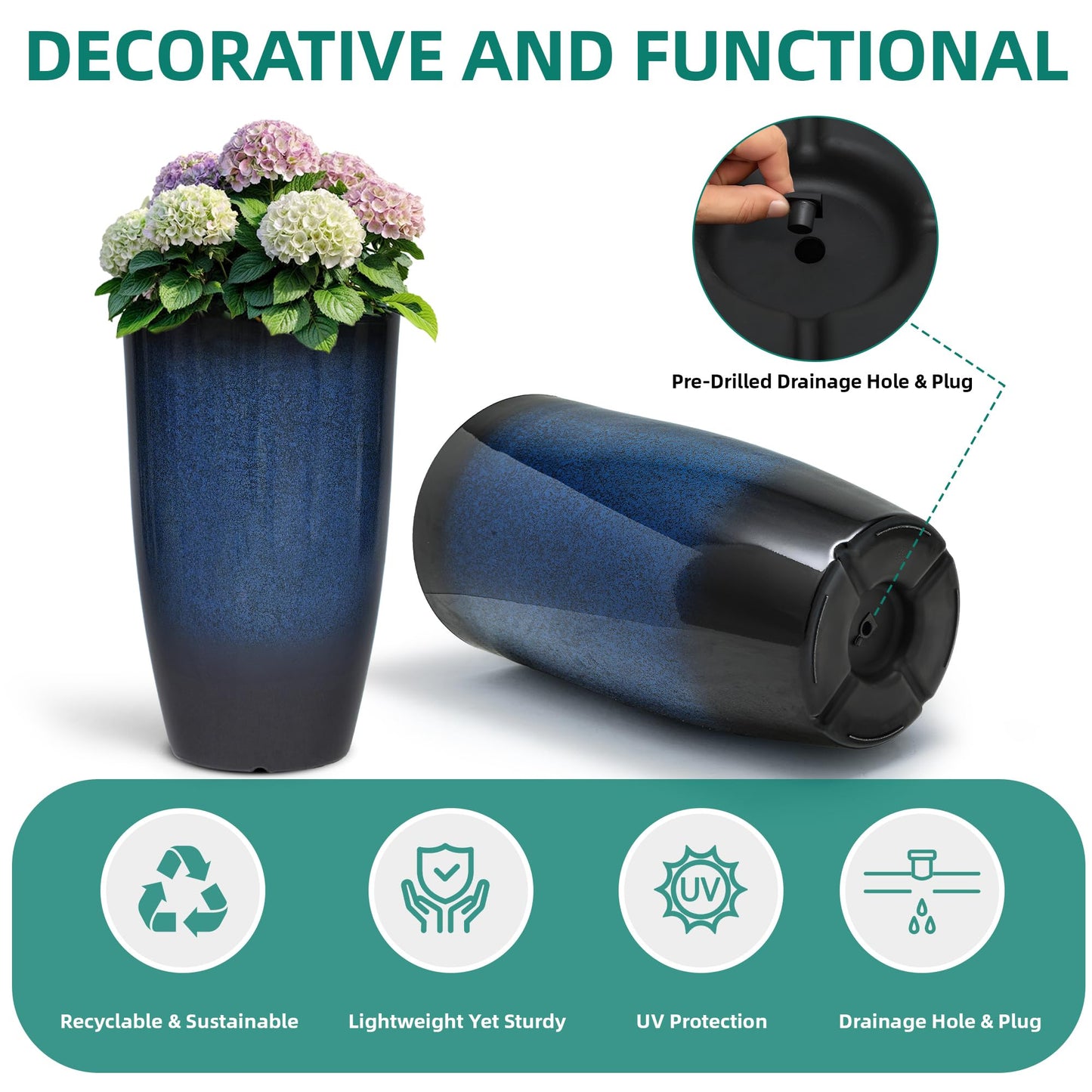 Autodaya 22" Urn Planters Outdoor Planter for Plants Set of 2 Timeless Plastic Large Flower Pot with Drainage Hole Terrazzo White Garden Pots for Porch, Patio Christmas Decor