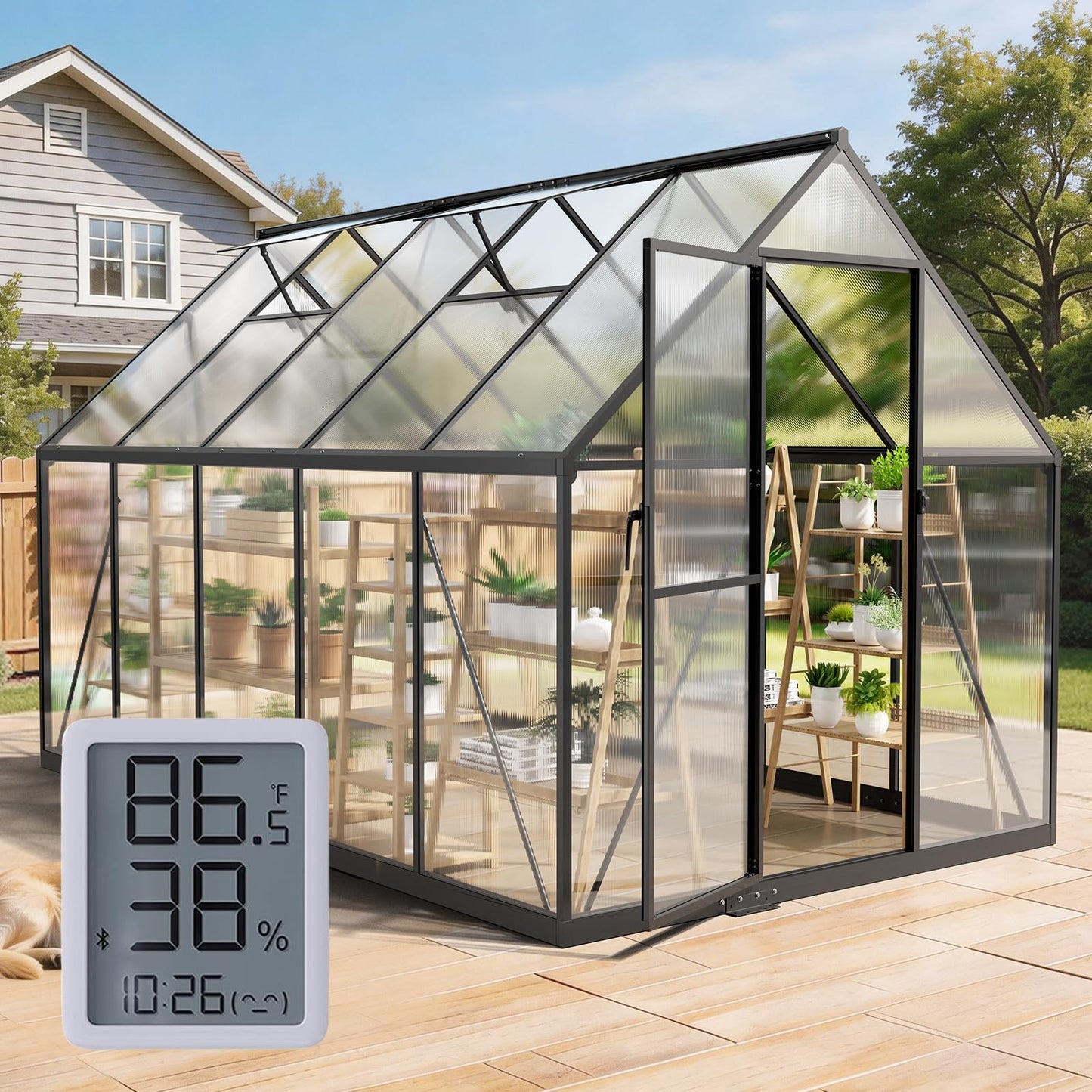 12x12 FT T-Shape Greenhouses, Polycarbonate Green House with UV Protection, Heavy Duty Greenhouse with Windproof Aluminum Frame, Roof Vent & Quick-Install Design for Backyard or Garden Use
