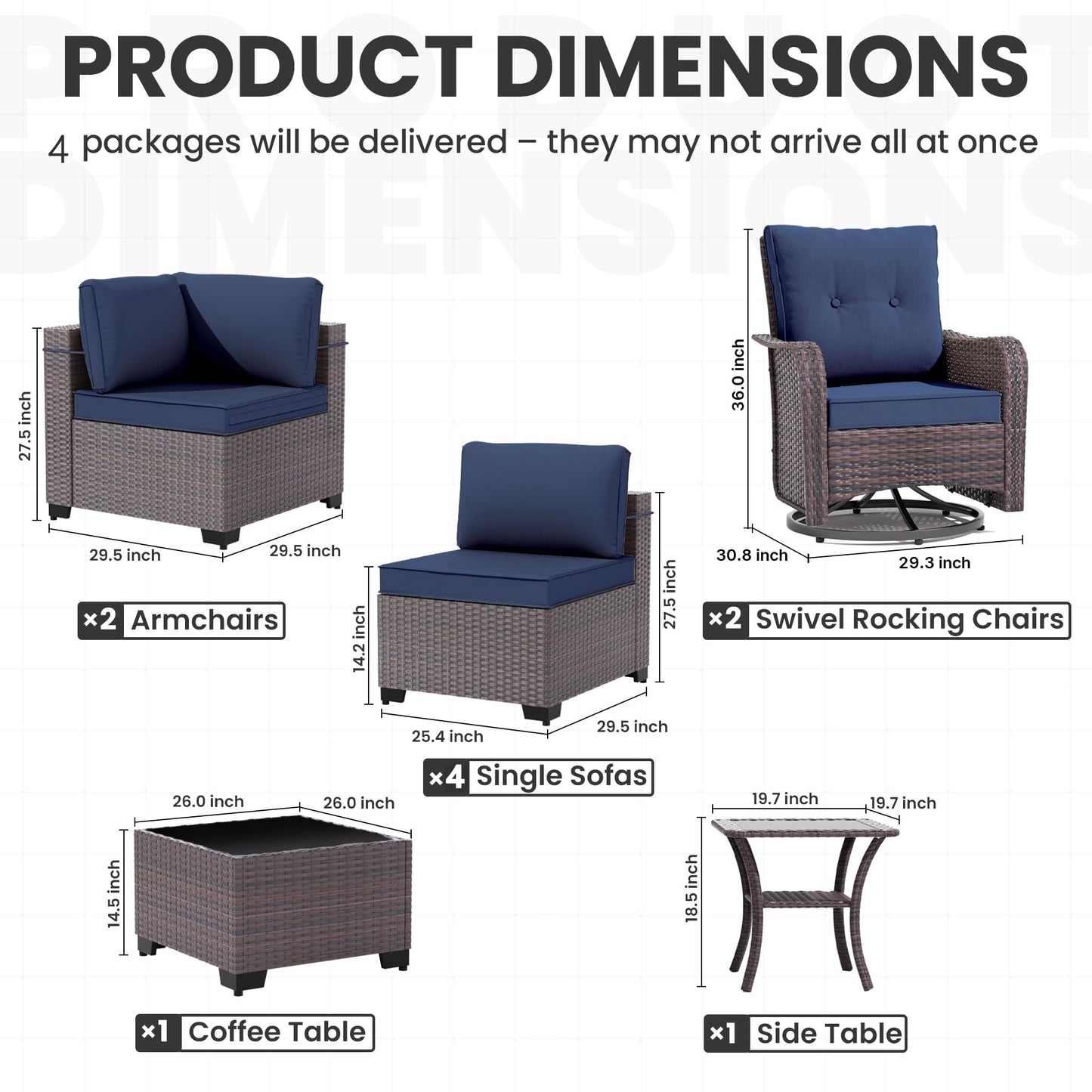 13 PCS Outdoor Patio Furniture Set,Outdoor Sectional Furniture with 43" 55000 BTU Gas Propane Fire Pit Table,All Weather PE Rattan Wicker Patio Conversation Set,Navy Blue