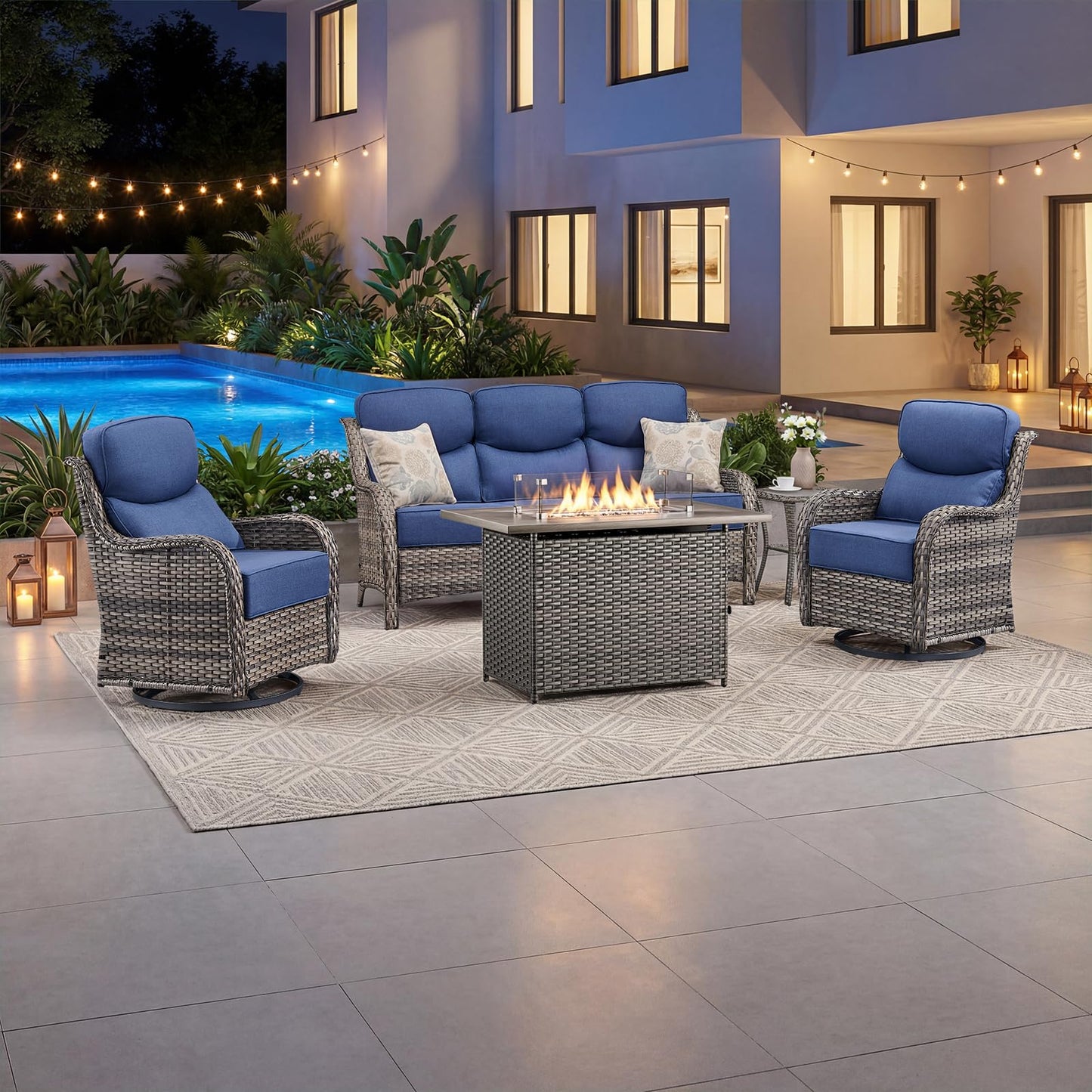 Luxury Patio Furniture Set with 6-inch Thick Cushion, Outdoor Furniture with Fire Pit Table, Swivel Chairs, Sofa, Side Table, Ottomans, 9pcs Wicker Conversation Set(Brown Wicker | Grey Cushion)