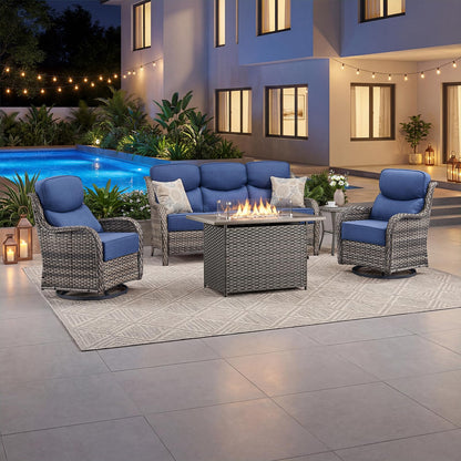 Luxury Patio Furniture Set with 6-inch Thick Cushion, Outdoor Furniture with Fire Pit Table, Swivel Chairs, Sofa, Side Table, Ottomans, 9pcs Wicker Conversation Set(Brown Wicker | Grey Cushion)