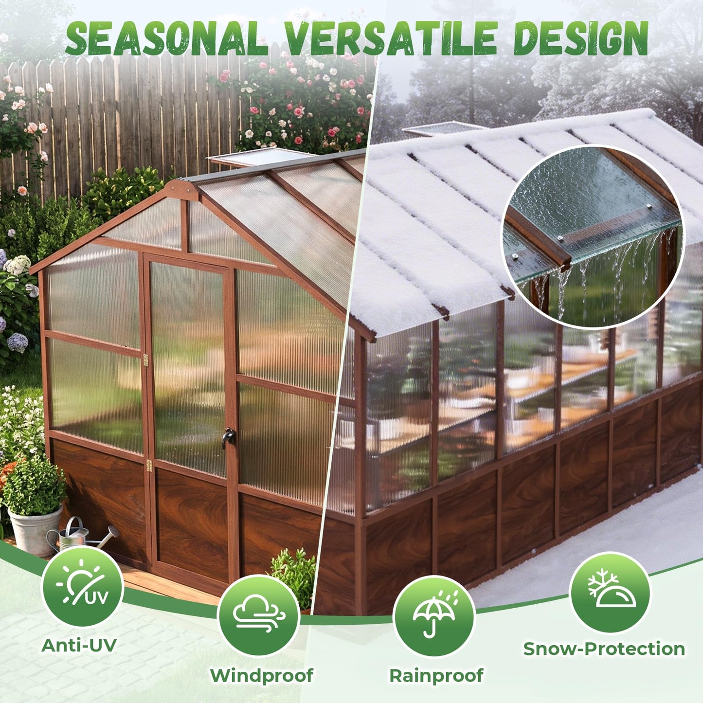 Jocoevol 6x12FT Greenhouse for Outdoors, Wooden Frame Polycarbonate Green House w/ Adjustable Roof Vent and Lockable Door Handle, Walk-in Greenhouses for Outside Garden Backyard