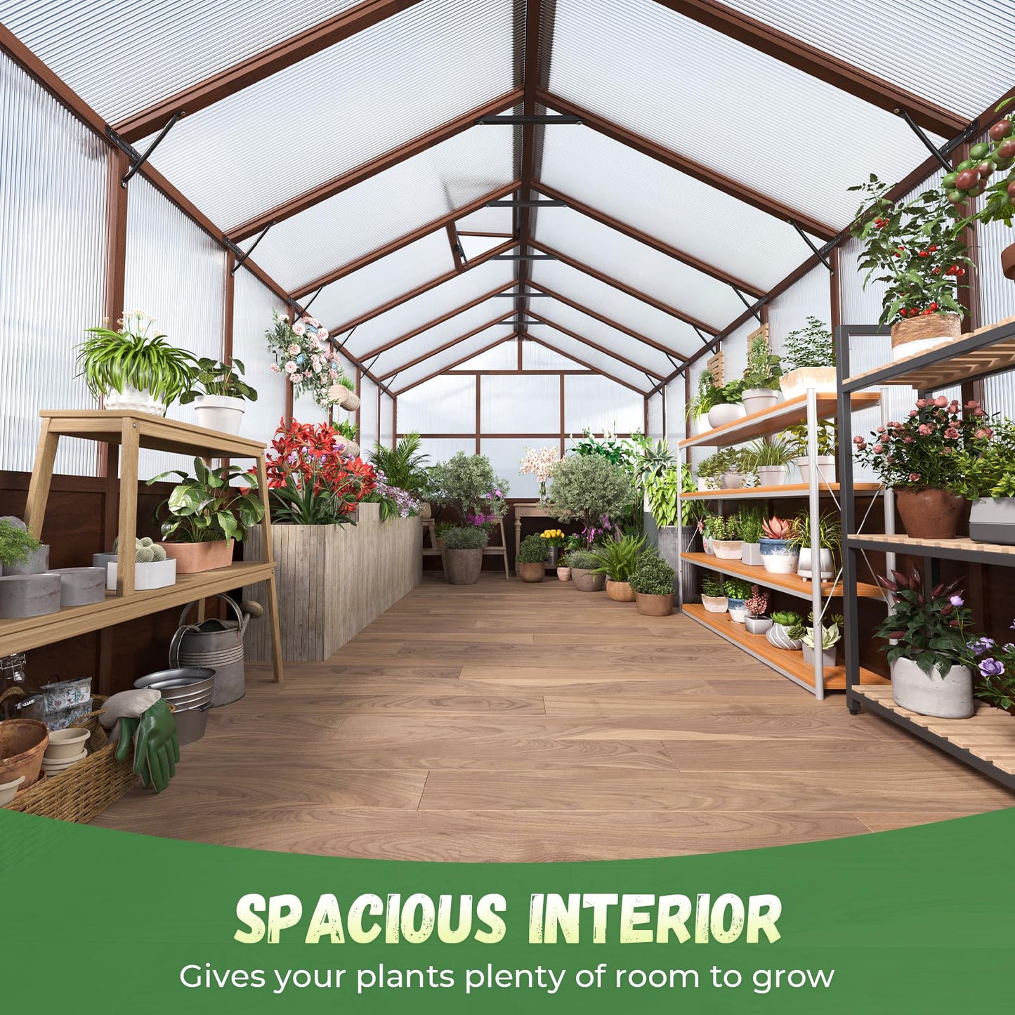 Jocoevol 6x12FT Greenhouse for Outdoors, Wooden Frame Polycarbonate Green House w/ Adjustable Roof Vent and Lockable Door Handle, Walk-in Greenhouses for Outside Garden Backyard