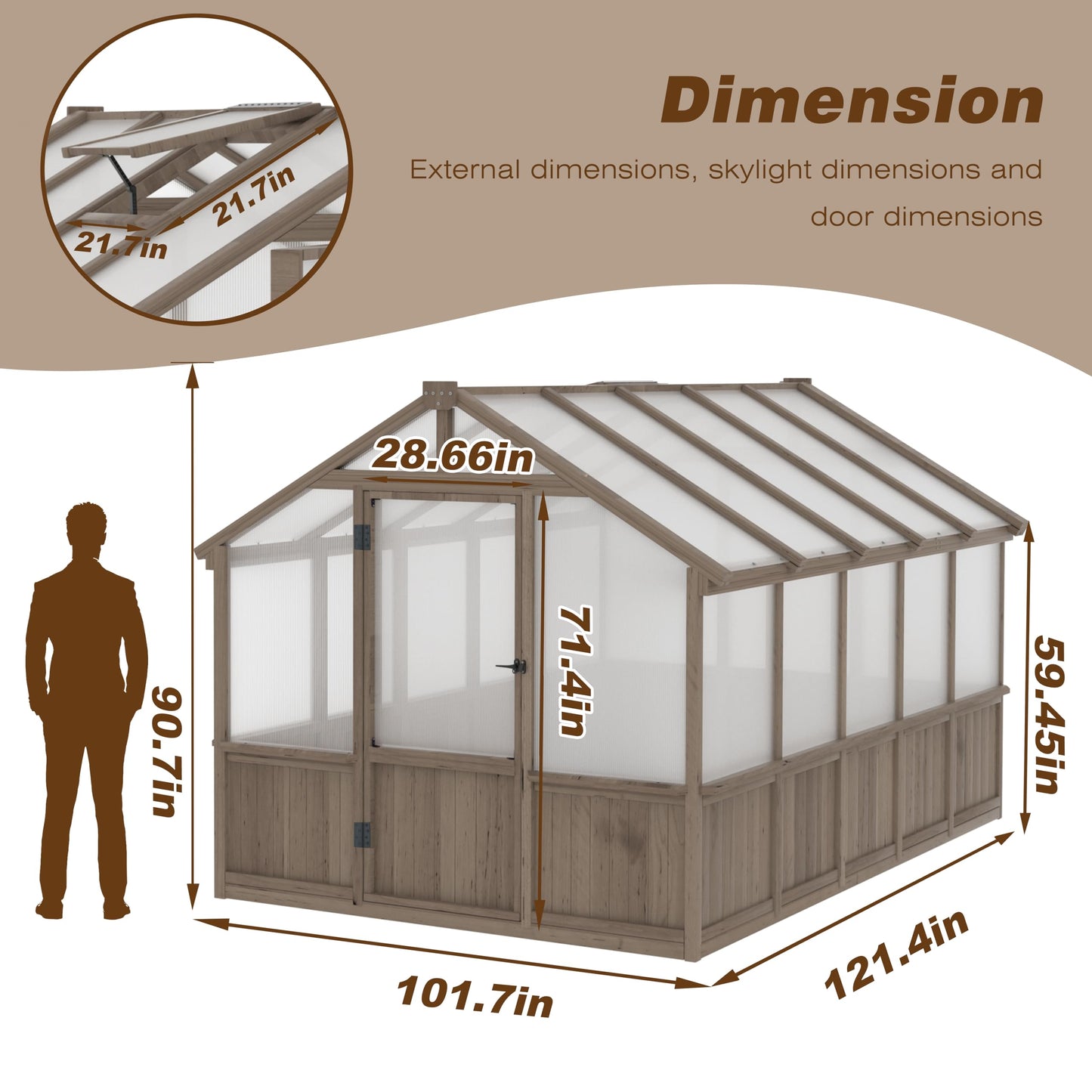 Yardenaler 8x16 FT Greenhouse for Outdoor, 6MM Thick Polycarbonate Panel Wooden Walk-in Green House with Adjustable Roof Vents and Lockable Door, Backyard Garden, Light Mocha Brown