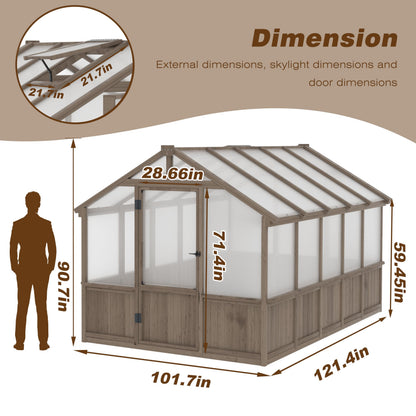 Yardenaler 8x16 FT Greenhouse for Outdoor, 6MM Thick Polycarbonate Panel Wooden Walk-in Green House with Adjustable Roof Vents and Lockable Door, Backyard Garden, Light Mocha Brown