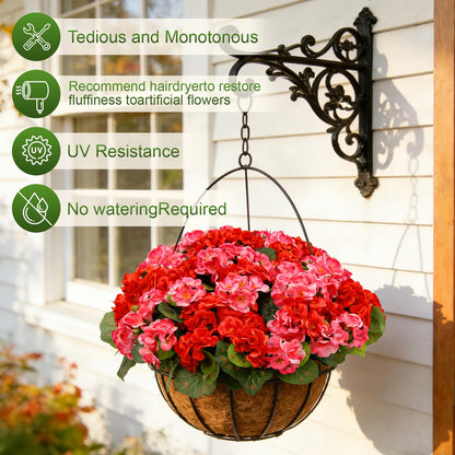 12 Bundles Artificial Geranium Fake Flowers for Outdoor UV Resistant, Outside Spring Red Flower Decoration for Home Kitchen Table Cemetery Garden Planter, Front Door Silk Faux Plants