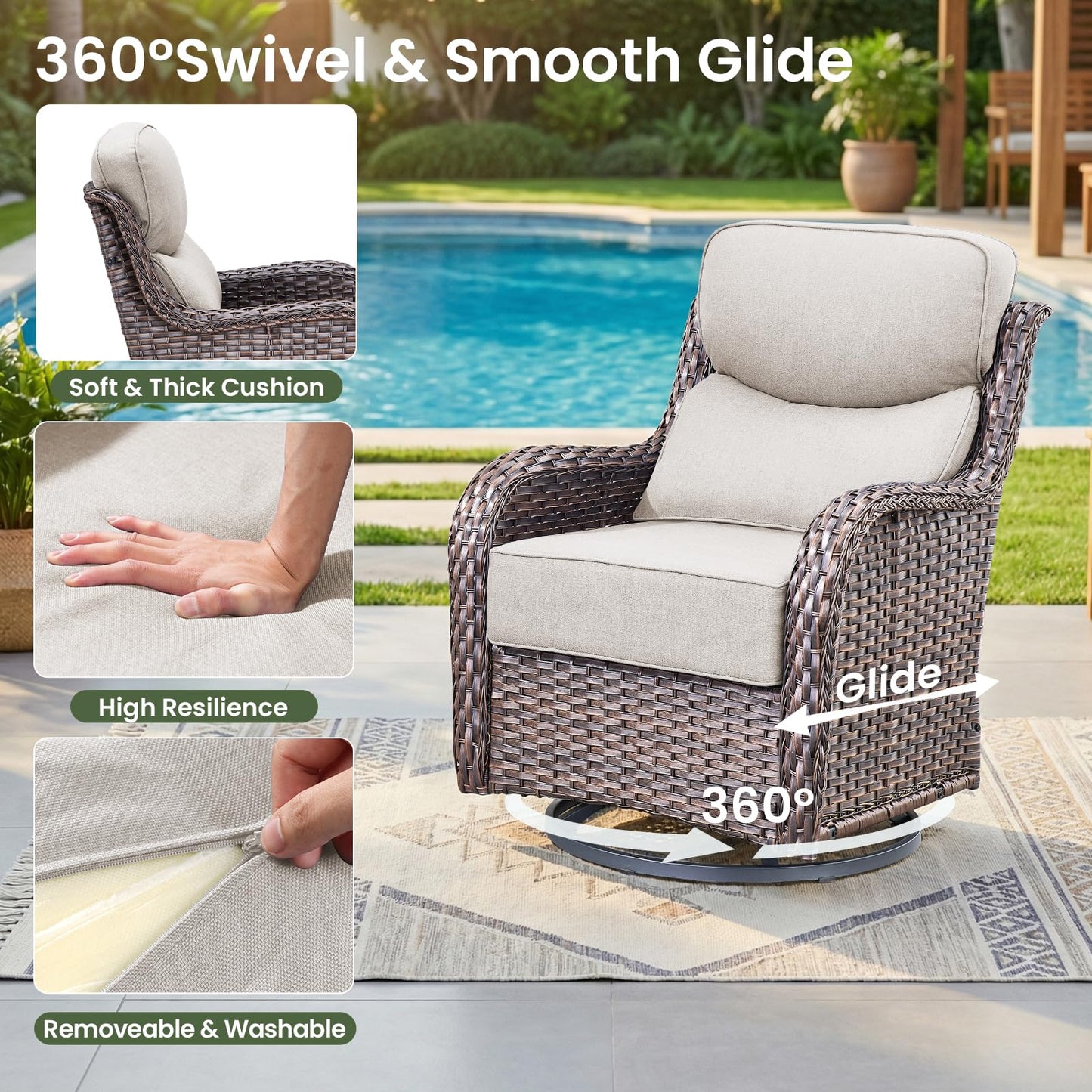 Luxury Patio Furniture Set with 6-inch Thick Cushion, Outdoor Furniture with Fire Pit Table, Swivel Chairs, Sofa, Side Table, Ottomans, 9pcs Wicker Conversation Set(Brown Wicker | Grey Cushion)