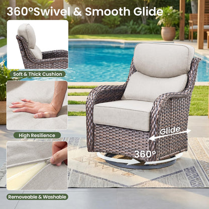 Luxury Patio Furniture Set with 6-inch Thick Cushion, Outdoor Furniture with Fire Pit Table, Swivel Chairs, Sofa, Side Table, Ottomans, 9pcs Wicker Conversation Set(Brown Wicker | Grey Cushion)