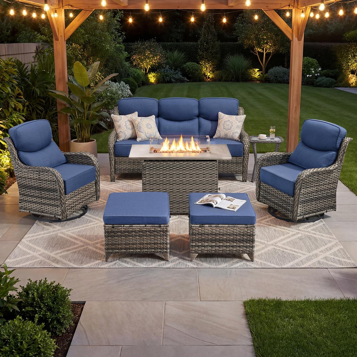 Luxury Patio Furniture Set with 6-inch Thick Cushion, Outdoor Furniture with Fire Pit Table, Swivel Chairs, Sofa, Side Table, Ottomans, 9pcs Wicker Conversation Set(Brown Wicker | Grey Cushion)