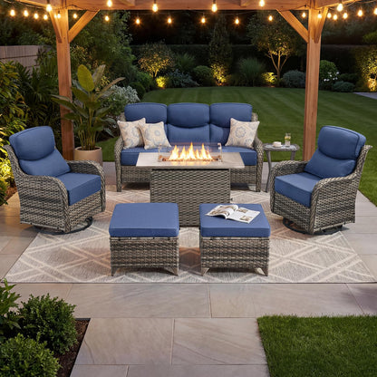 Luxury Patio Furniture Set with 6-inch Thick Cushion, Outdoor Furniture with Fire Pit Table, Swivel Chairs, Sofa, Side Table, Ottomans, 9pcs Wicker Conversation Set(Brown Wicker | Grey Cushion)