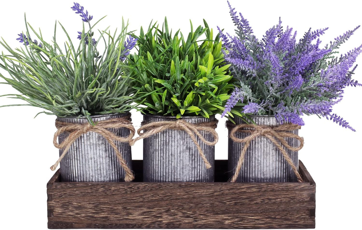 Set of 3 Small Potted Plants Arrangement Artificial Lavender and Grass Plants in Rustic Galvanized Metal Pots with Decorative Wood Tray for Farmhouse Table Centerpiece Windowsill Indoor Greenery Decor