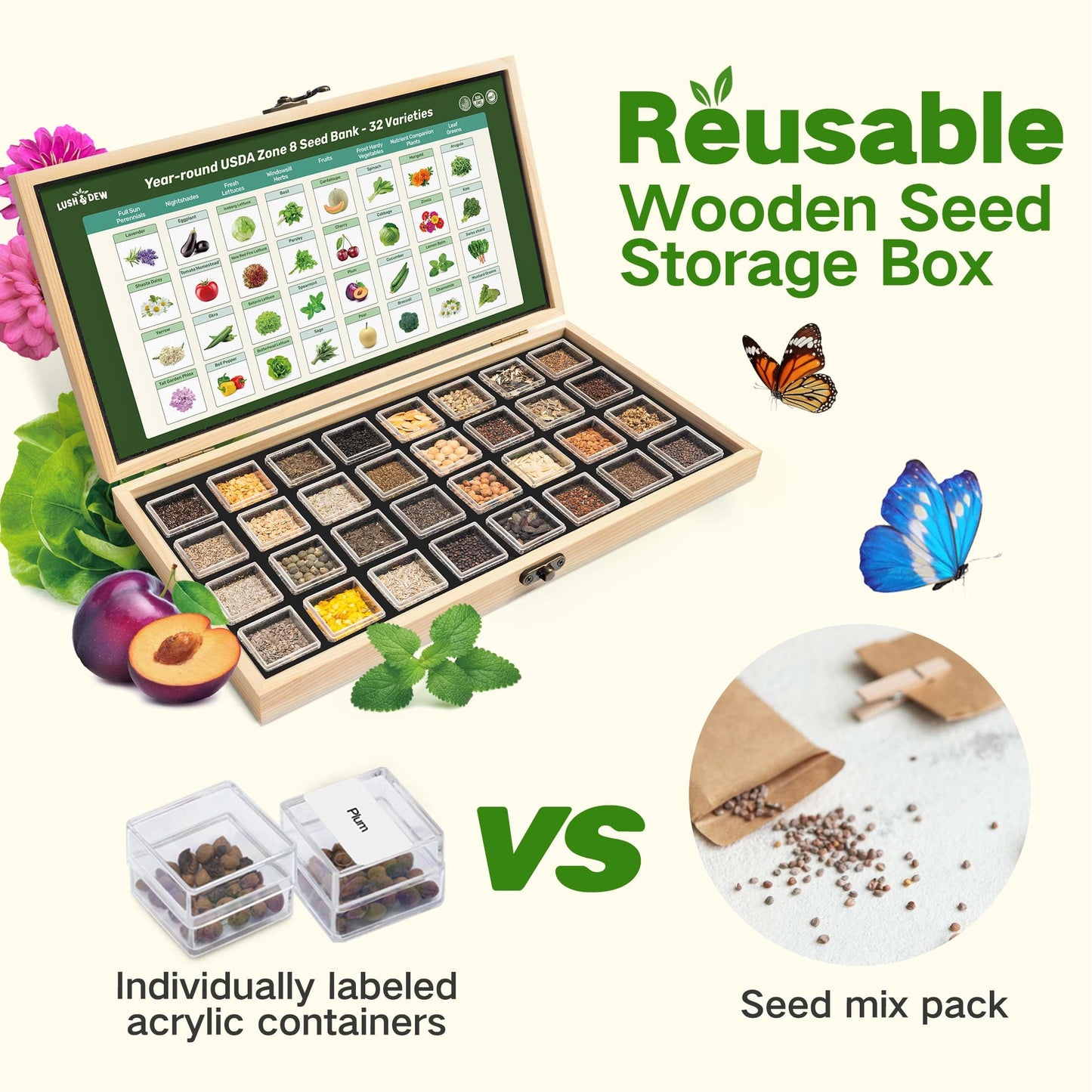 Lush&Dew Year-Round USDA Zone 9 Seed Bank, Gardening Gifts for Women Men, 32 Varieties Non-GMO Heirloom Seeds of Vegetables Herbs Fruits, Gift for Mom Dad, Survival Seed Kit for Raised Garden Beds