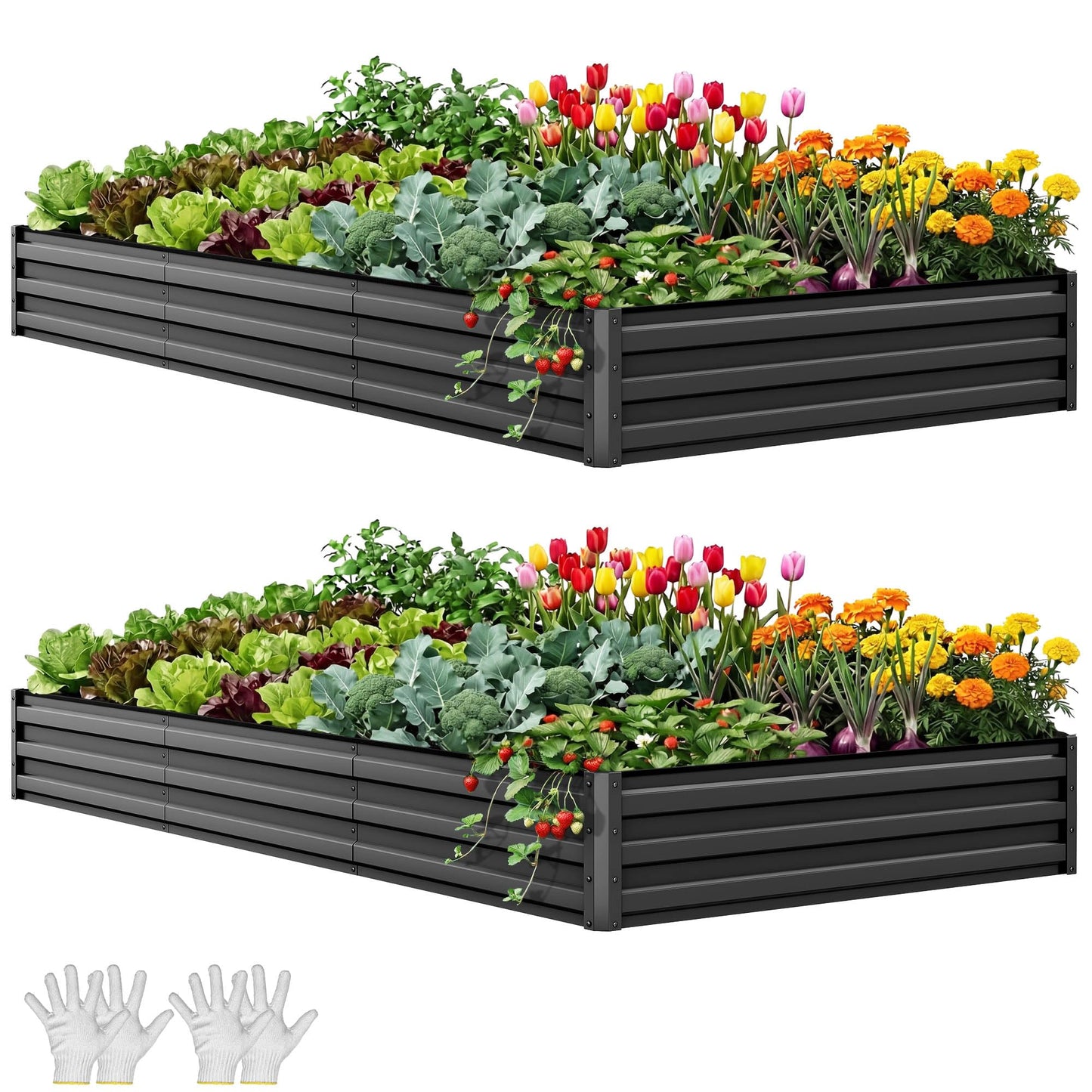 YITAHOME 8x4x1.5ft 2pcs Large Raised Garden Bed Kit, Galvanized Metal Planter Box with Gloves, Outdoor Above Ground Planters for Plants Vegetables Flowers, Silver