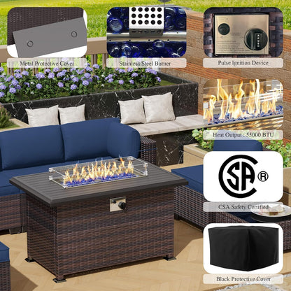 13 PCS Outdoor Patio Furniture Set,Outdoor Sectional Furniture with 43" 55000 BTU Gas Propane Fire Pit Table,All Weather PE Rattan Wicker Patio Conversation Set,Navy Blue