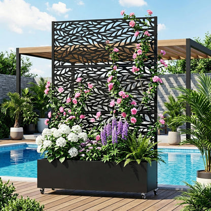72" H Metal Raised Garden Bed with Trellis and Wheels, Privacy Screen Outdoor Planter Box with Decor Leaf Pattern, Large Mobile Vertical Planter for Patio, Balcony & Backyard