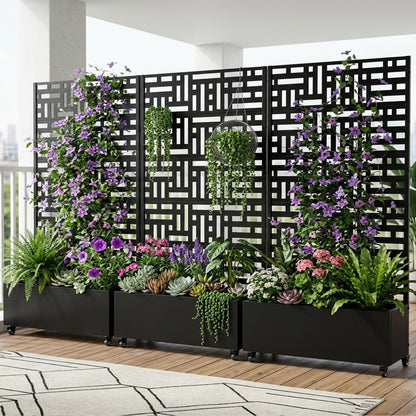72" H Metal Raised Garden Bed with Trellis and Wheels, Privacy Screen Outdoor Planter Box with Decor Leaf Pattern, Large Mobile Vertical Planter for Patio, Balcony & Backyard