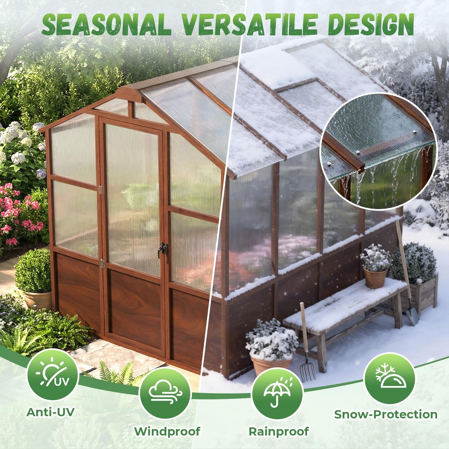 Jocoevol 6x12FT Greenhouse for Outdoors, Wooden Frame Polycarbonate Green House w/ Adjustable Roof Vent and Lockable Door Handle, Walk-in Greenhouses for Outside Garden Backyard