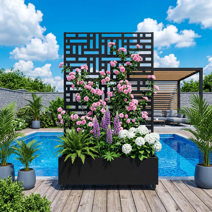 72" H Metal Raised Garden Bed with Trellis and Wheels, Privacy Screen Outdoor Planter Box with Decor Leaf Pattern, Large Mobile Vertical Planter for Patio, Balcony & Backyard