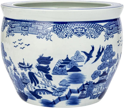 Creative Co-Op Hand-Painted Stoneware Planter, Blue and White