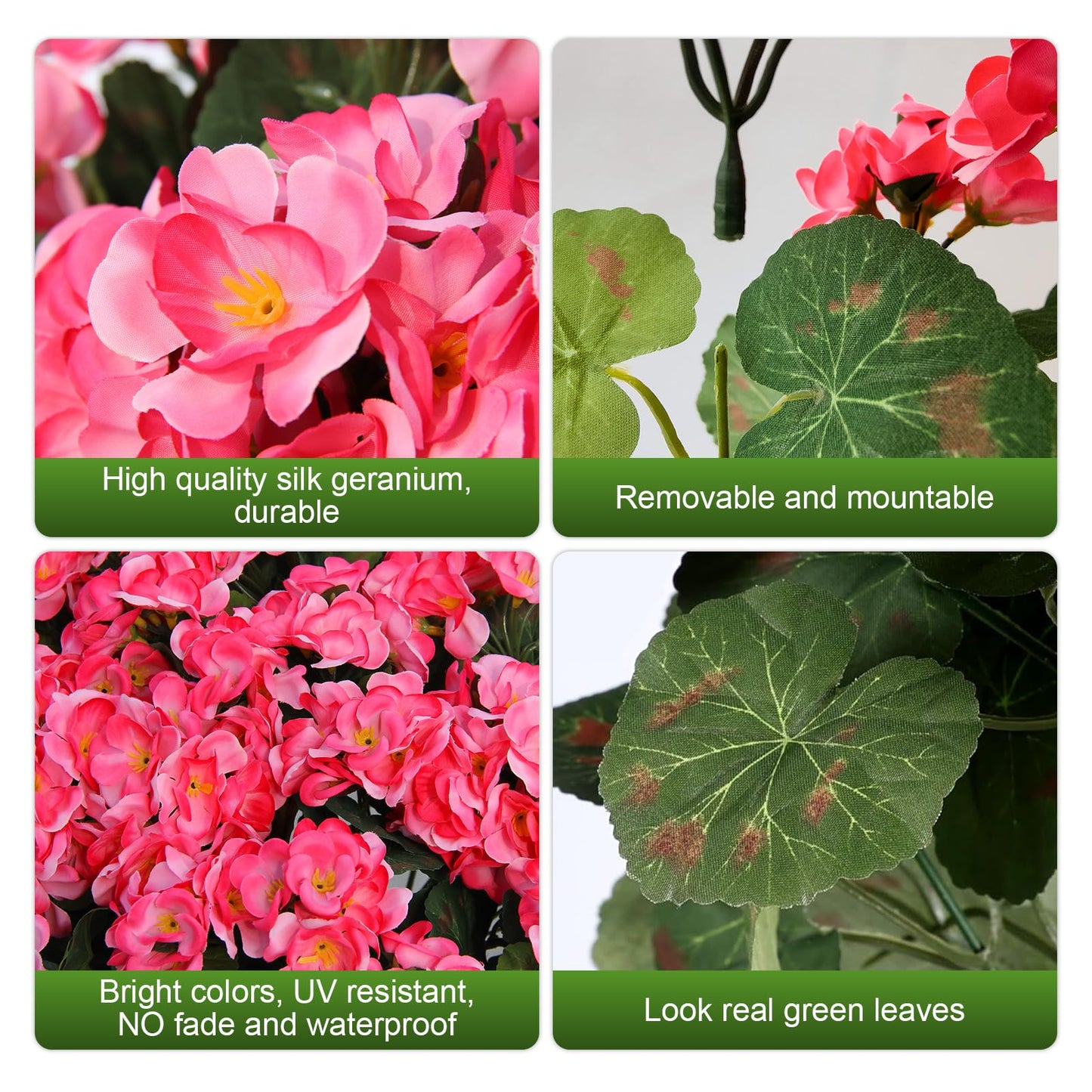 12 Bundles Artificial Geranium Fake Flowers for Outdoor UV Resistant, Outside Spring Red Flower Decoration for Home Kitchen Table Cemetery Garden Planter, Front Door Silk Faux Plants