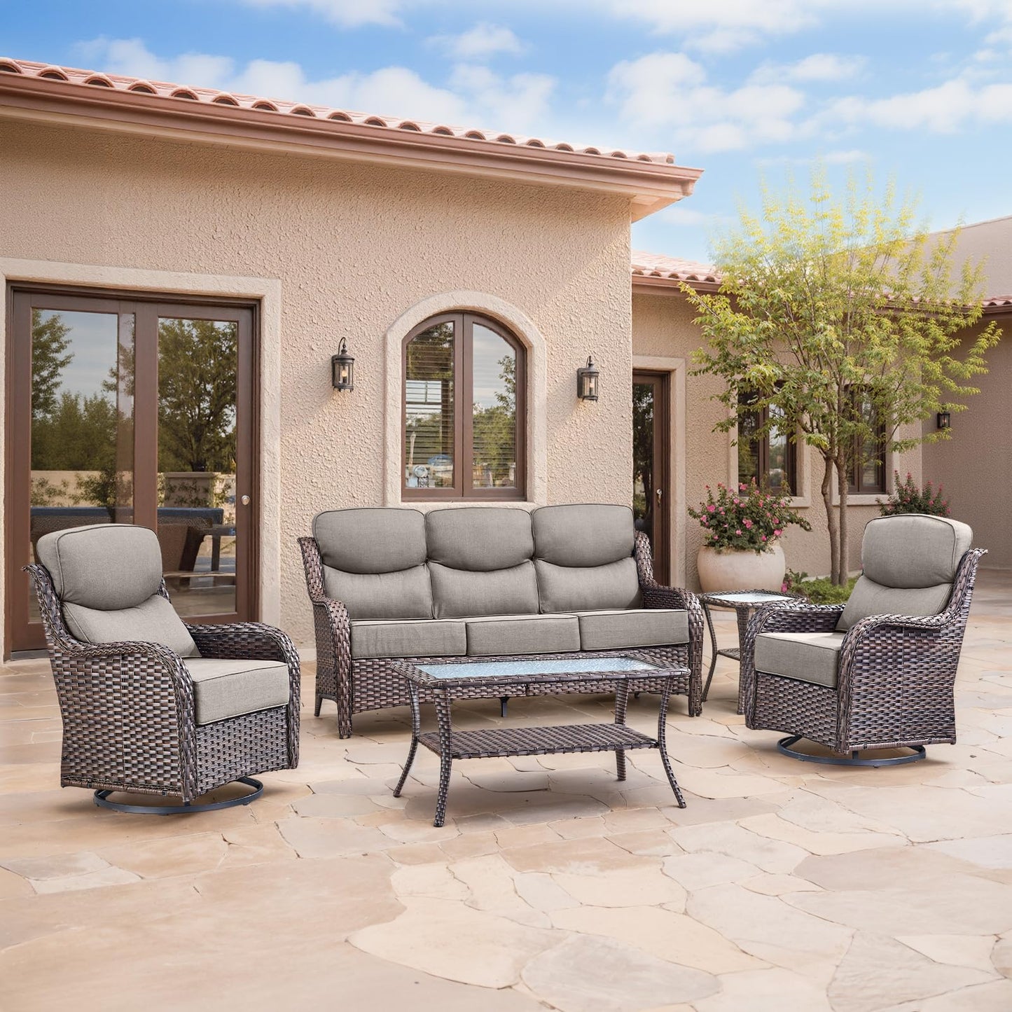 Luxury Patio Furniture Set with 6-inch Thick Cushion, Outdoor Furniture with Fire Pit Table, Swivel Chairs, Sofa, Side Table, Ottomans, 9pcs Wicker Conversation Set(Brown Wicker | Grey Cushion)