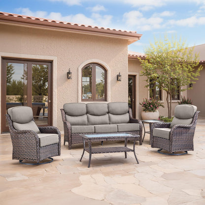 Luxury Patio Furniture Set with 6-inch Thick Cushion, Outdoor Furniture with Fire Pit Table, Swivel Chairs, Sofa, Side Table, Ottomans, 9pcs Wicker Conversation Set(Brown Wicker | Grey Cushion)