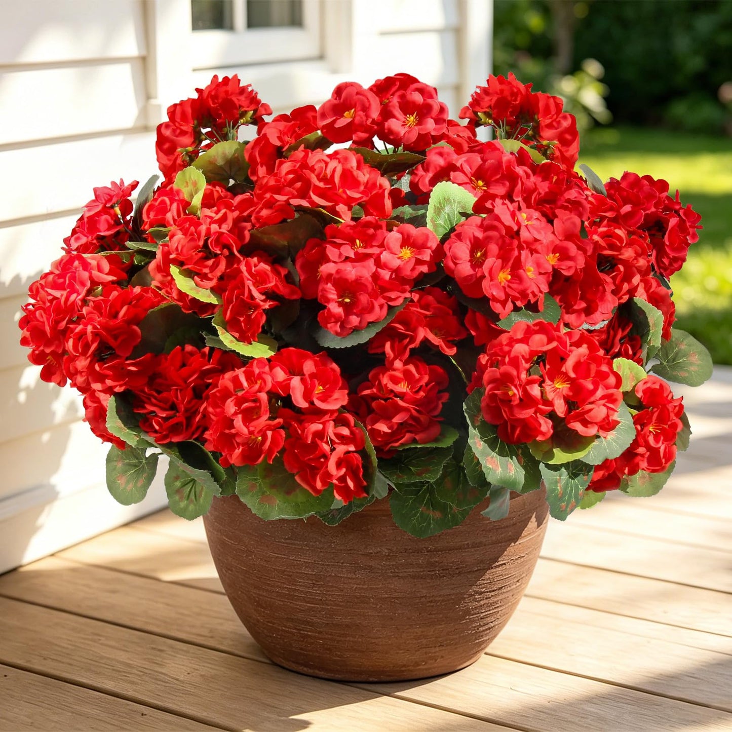 12 Bundles Artificial Geranium Fake Flowers for Outdoor UV Resistant, Outside Spring Red Flower Decoration for Home Kitchen Table Cemetery Garden Planter, Front Door Silk Faux Plants