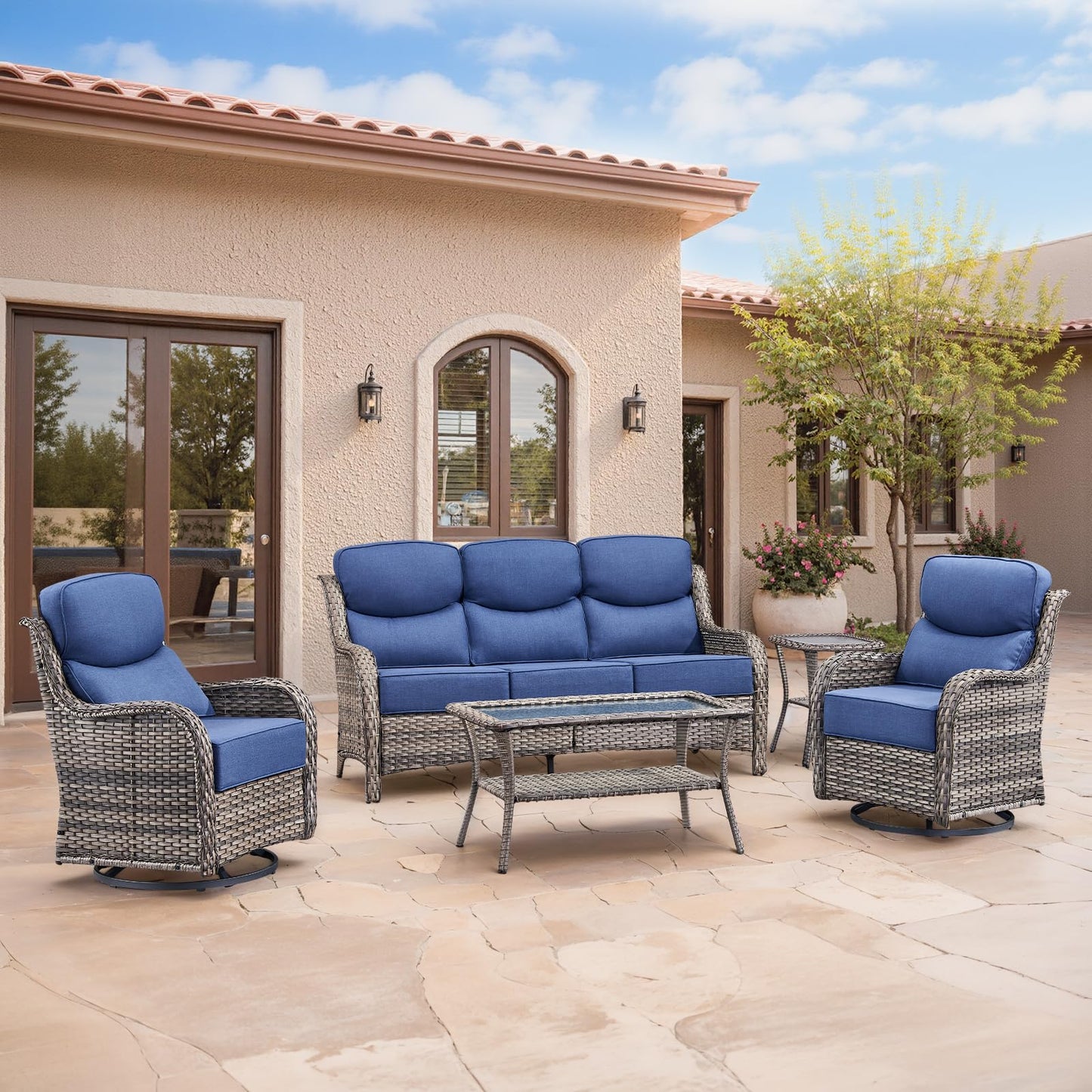 Luxury Patio Furniture Set with 6-inch Thick Cushion, Outdoor Furniture with Fire Pit Table, Swivel Chairs, Sofa, Side Table, Ottomans, 9pcs Wicker Conversation Set(Brown Wicker | Grey Cushion)