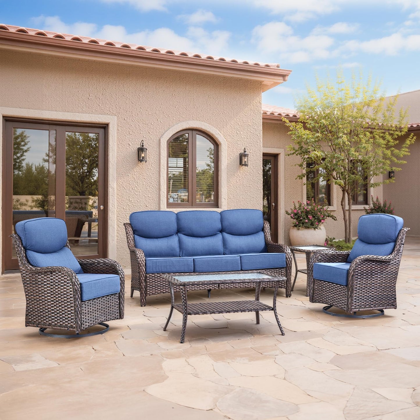 Luxury Patio Furniture Set with 6-inch Thick Cushion, Outdoor Furniture with Fire Pit Table, Swivel Chairs, Sofa, Side Table, Ottomans, 9pcs Wicker Conversation Set(Brown Wicker | Grey Cushion)