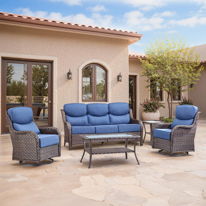 Luxury Patio Furniture Set with 6-inch Thick Cushion, Outdoor Furniture with Fire Pit Table, Swivel Chairs, Sofa, Side Table, Ottomans, 9pcs Wicker Conversation Set(Brown Wicker | Grey Cushion)