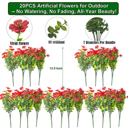 Grunyia 20 Bundles Artificial Flowers for Outdoors, UV Resistant Fake Plants Flowers Greenery Shrubs Plants for Decoration Outside Plants Hanging Planter Home Garden Decor