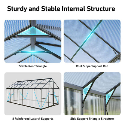 12x12 FT T-Shape Greenhouses, Polycarbonate Green House with UV Protection, Heavy Duty Greenhouse with Windproof Aluminum Frame, Roof Vent & Quick-Install Design for Backyard or Garden Use