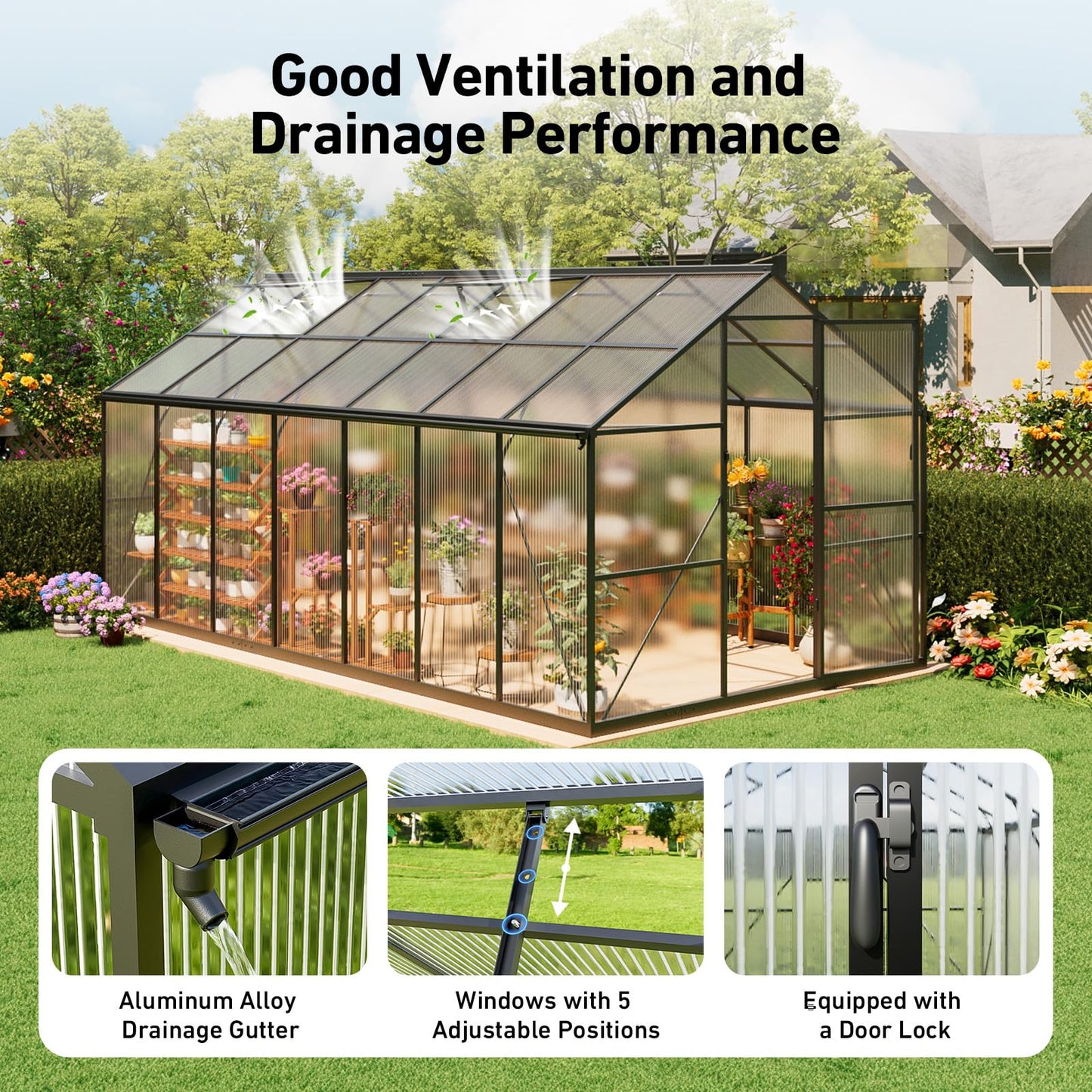 12x12 FT T-Shape Greenhouses, Polycarbonate Green House with UV Protection, Heavy Duty Greenhouse with Windproof Aluminum Frame, Roof Vent & Quick-Install Design for Backyard or Garden Use