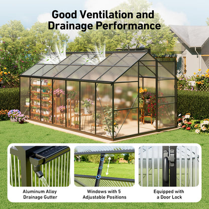 12x12 FT T-Shape Greenhouses, Polycarbonate Green House with UV Protection, Heavy Duty Greenhouse with Windproof Aluminum Frame, Roof Vent & Quick-Install Design for Backyard or Garden Use