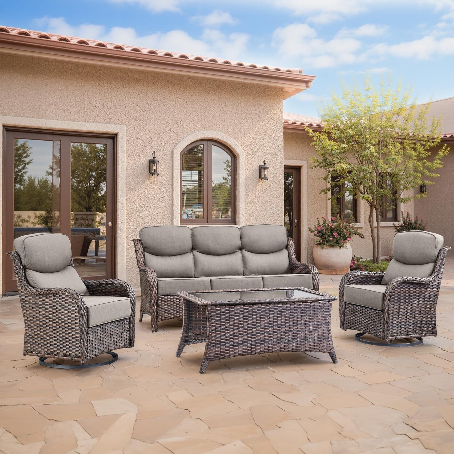 Luxury Patio Furniture Set with 6-inch Thick Cushion, Outdoor Furniture with Fire Pit Table, Swivel Chairs, Sofa, Side Table, Ottomans, 9pcs Wicker Conversation Set(Brown Wicker | Grey Cushion)