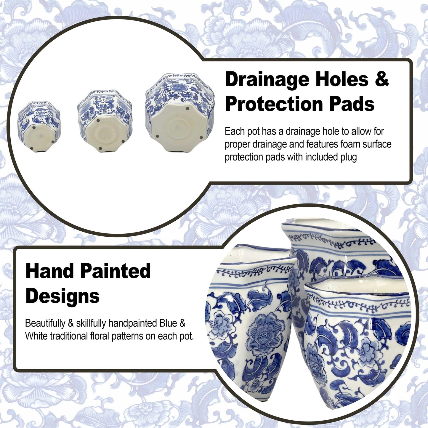 Galt International Blue & White Round Fluted Classic Floral Porcelain Ceramic Plant Flower Planter Pot Set of 3 (7.5", 10", 13") Garden Pots Chinese Asian Design