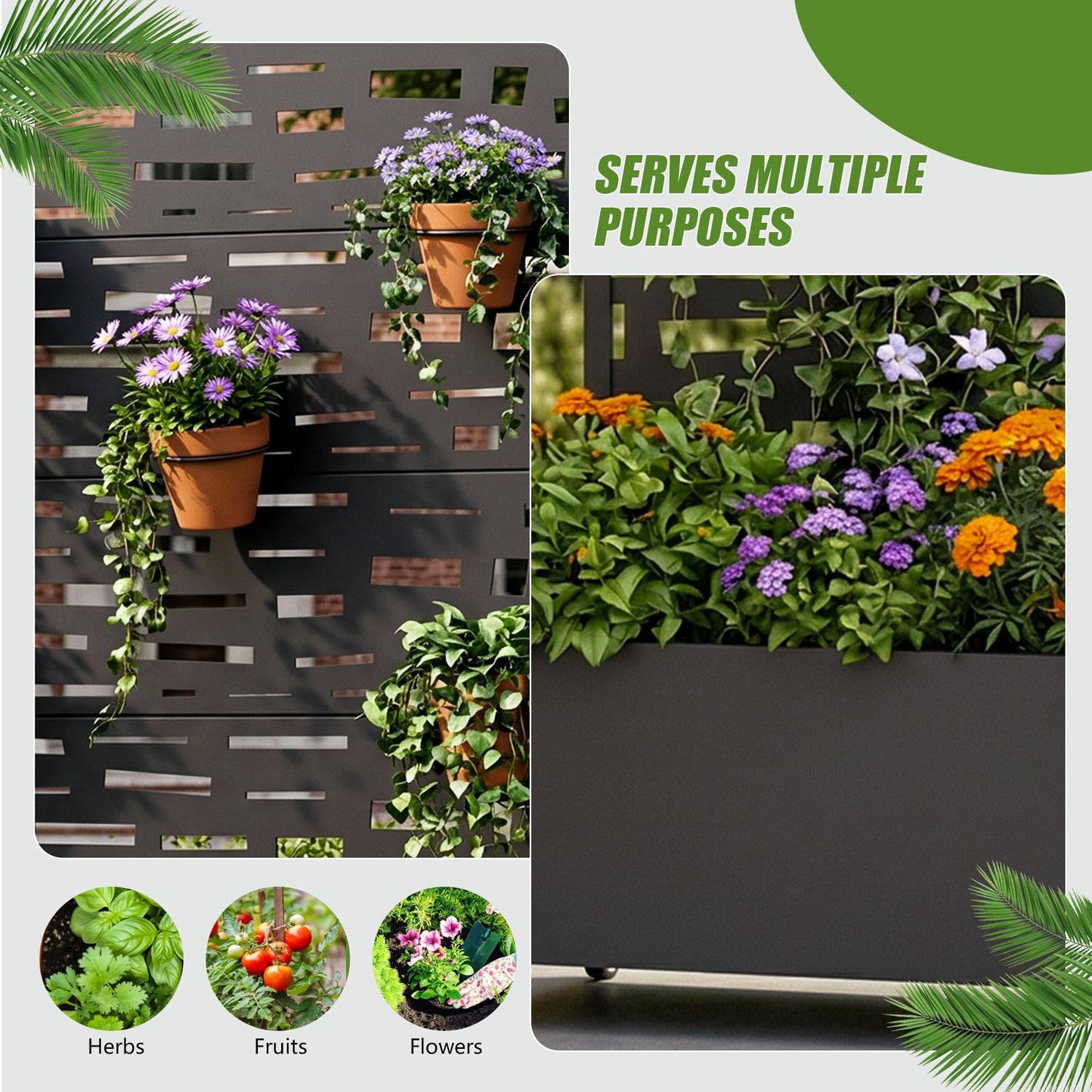 72" H Metal Raised Garden Bed with Trellis and Wheels, Privacy Screen Outdoor Planter Box with Decor Leaf Pattern, Large Mobile Vertical Planter for Patio, Balcony & Backyard